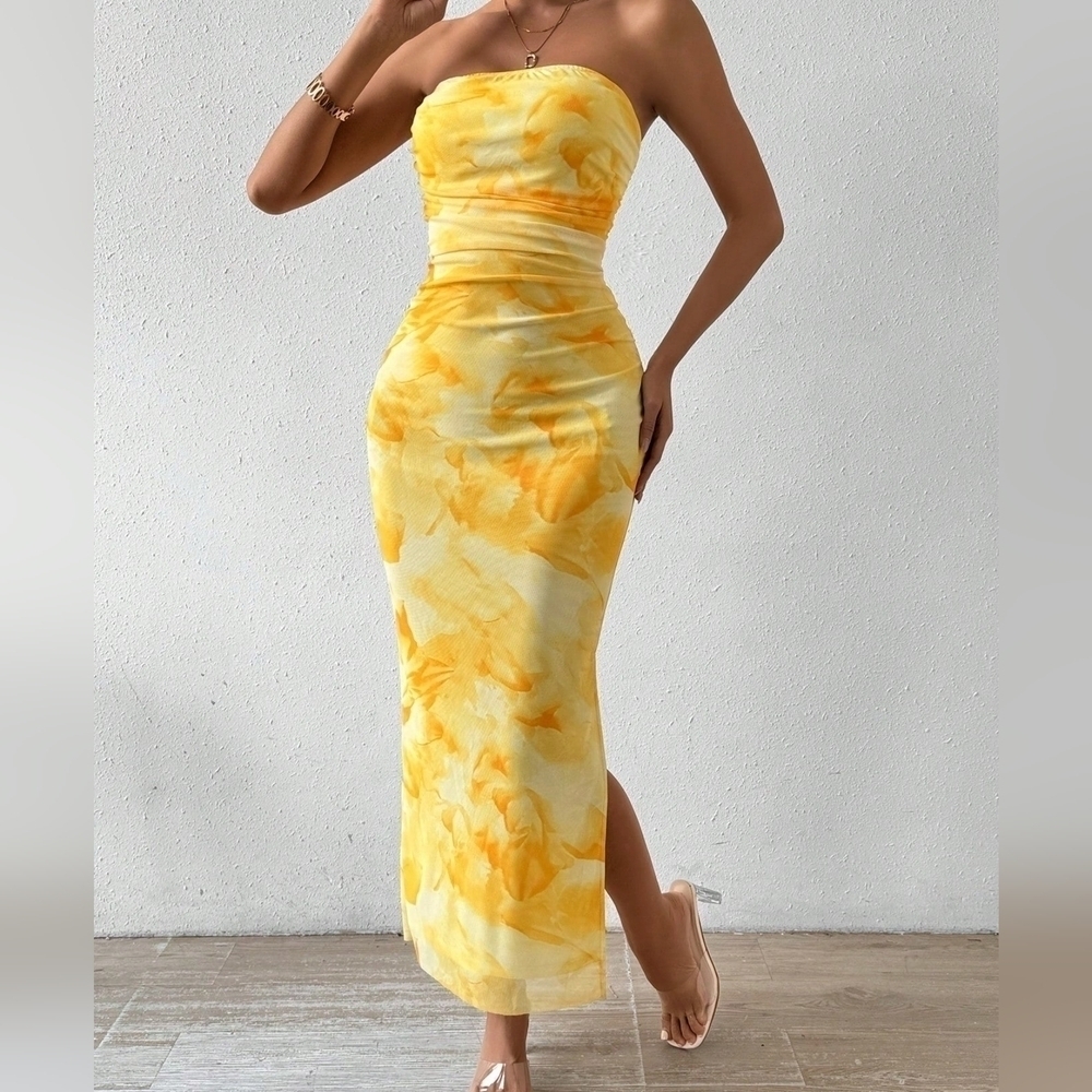 Tie Dye Strapless Dress With Side Slit Hem - Picture 2 of 4